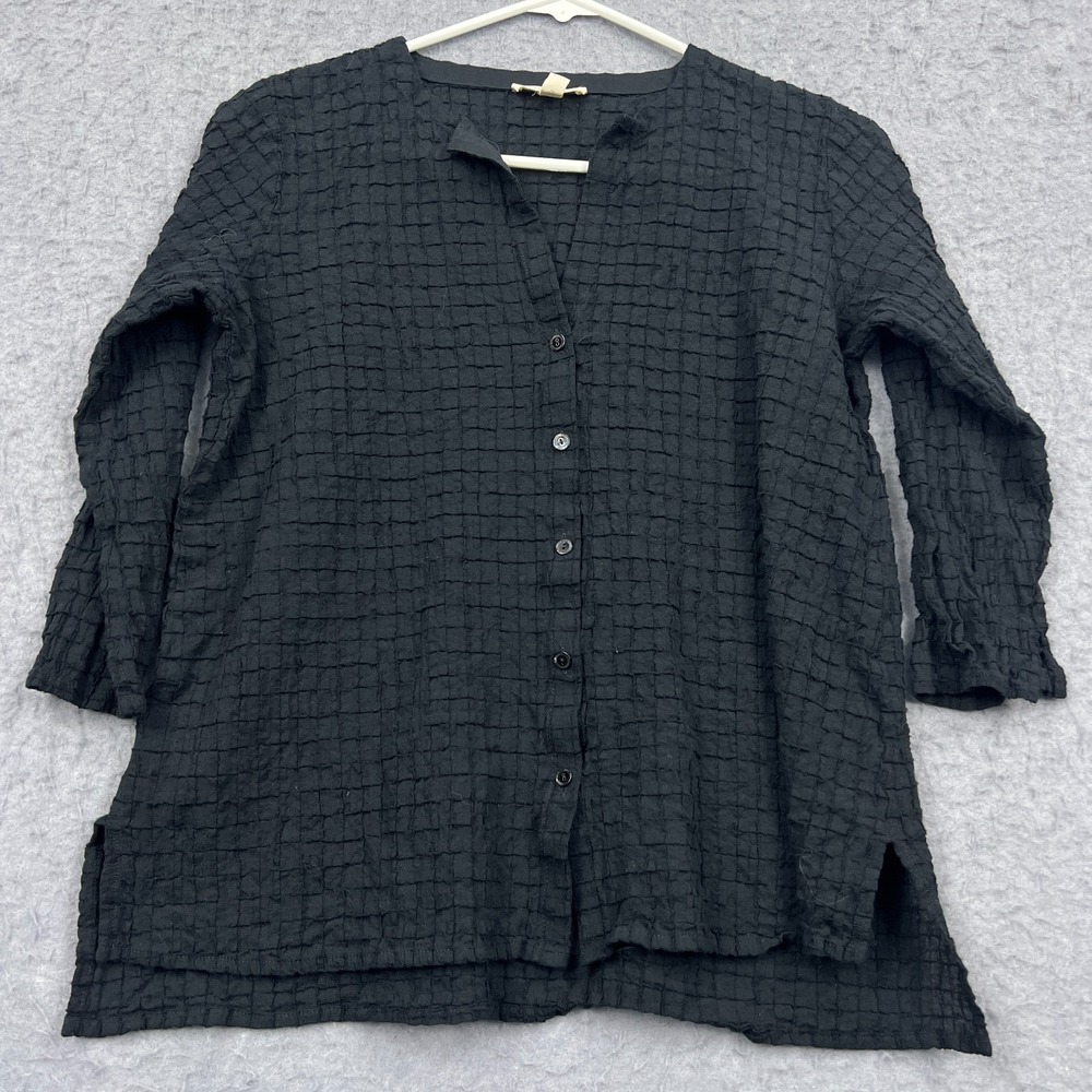 Eileen Fisher Top Womens XXS Black Organic Gauze Grid 3/4 Sleeve Button Up Shirt